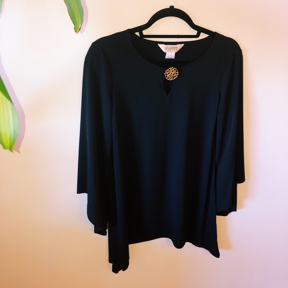 Black Blouse with Gold Brooch